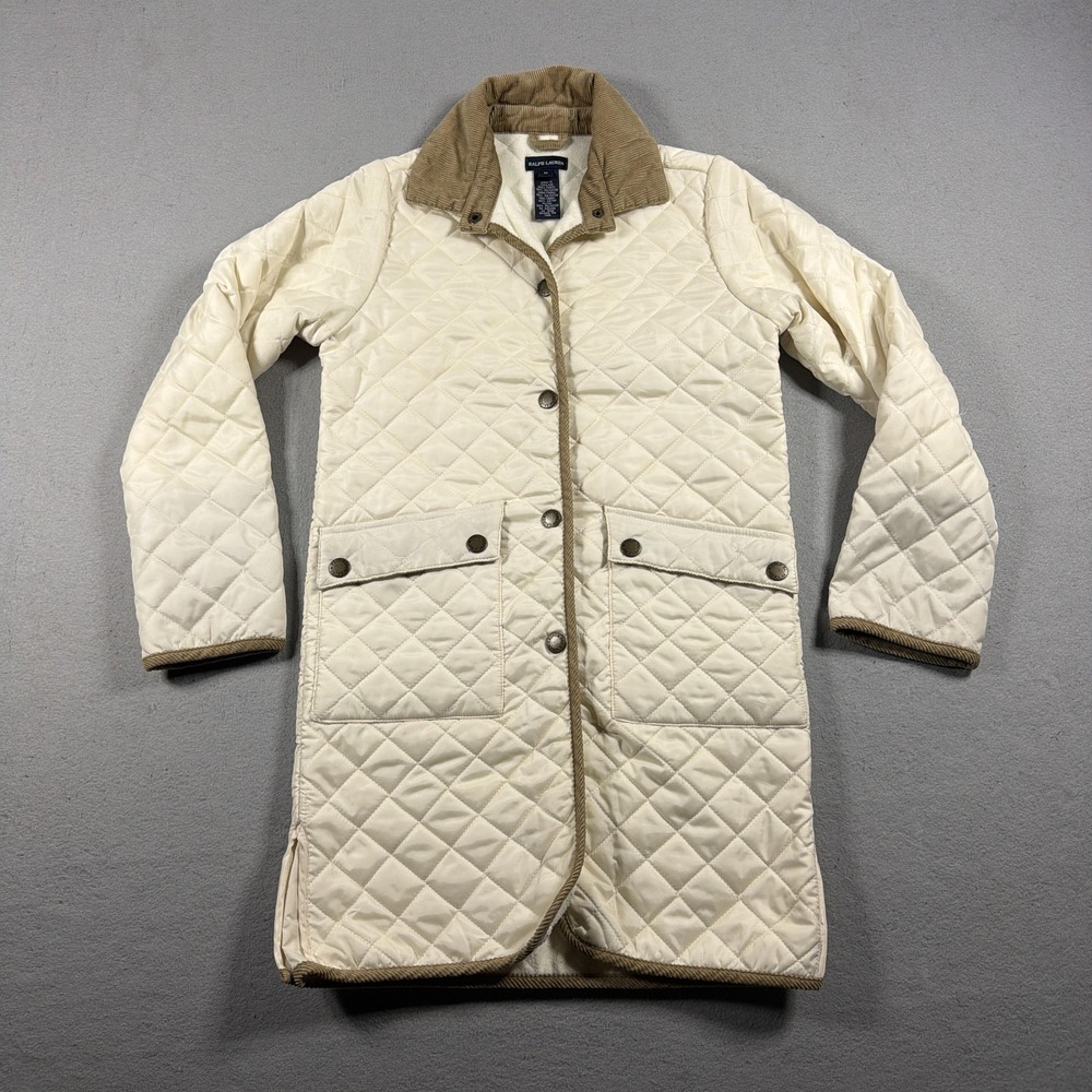 Ralph Lauren Coat Womens Medium White Quilted Long Snap Front Corduroy Collar